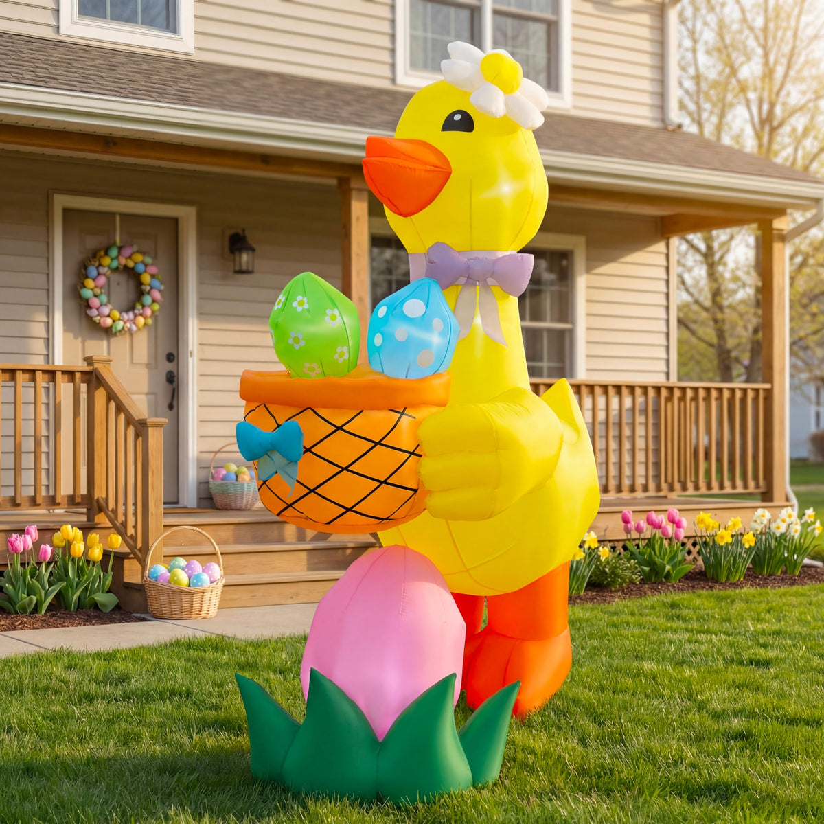 Mowholm Easter inflatable goose with basket and eggs in front yard for a welcoming spring display