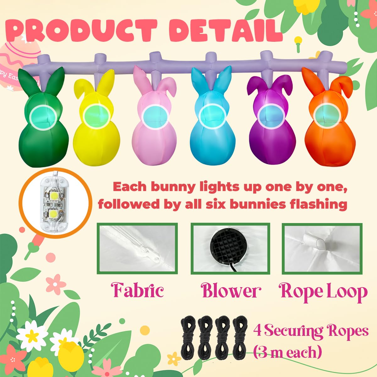 Mowholm waterproof Easter inflatable withstands rain for year-round decor.
