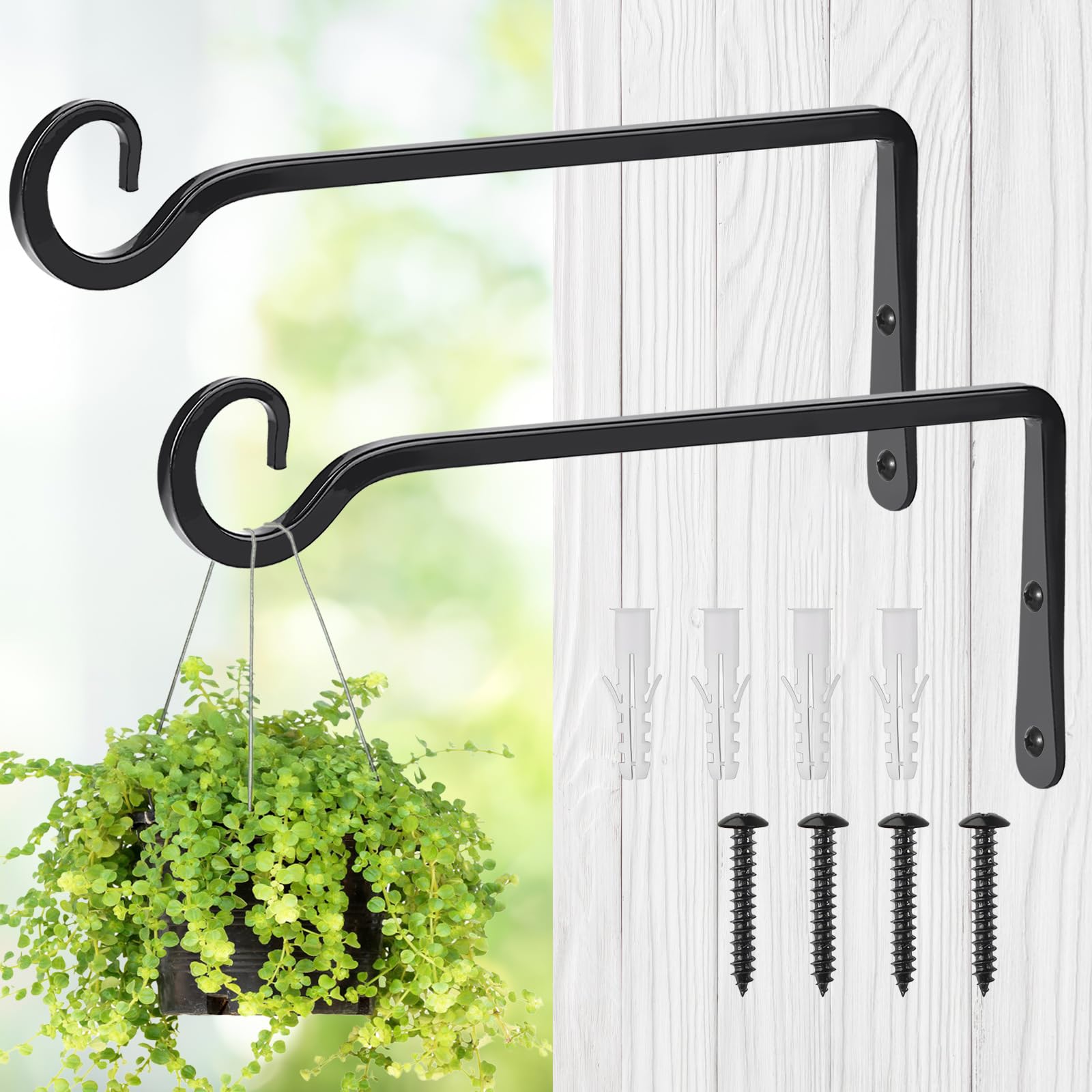 MOWPOG metal hanging plant hooks in black for durable indoor and outdoor use.