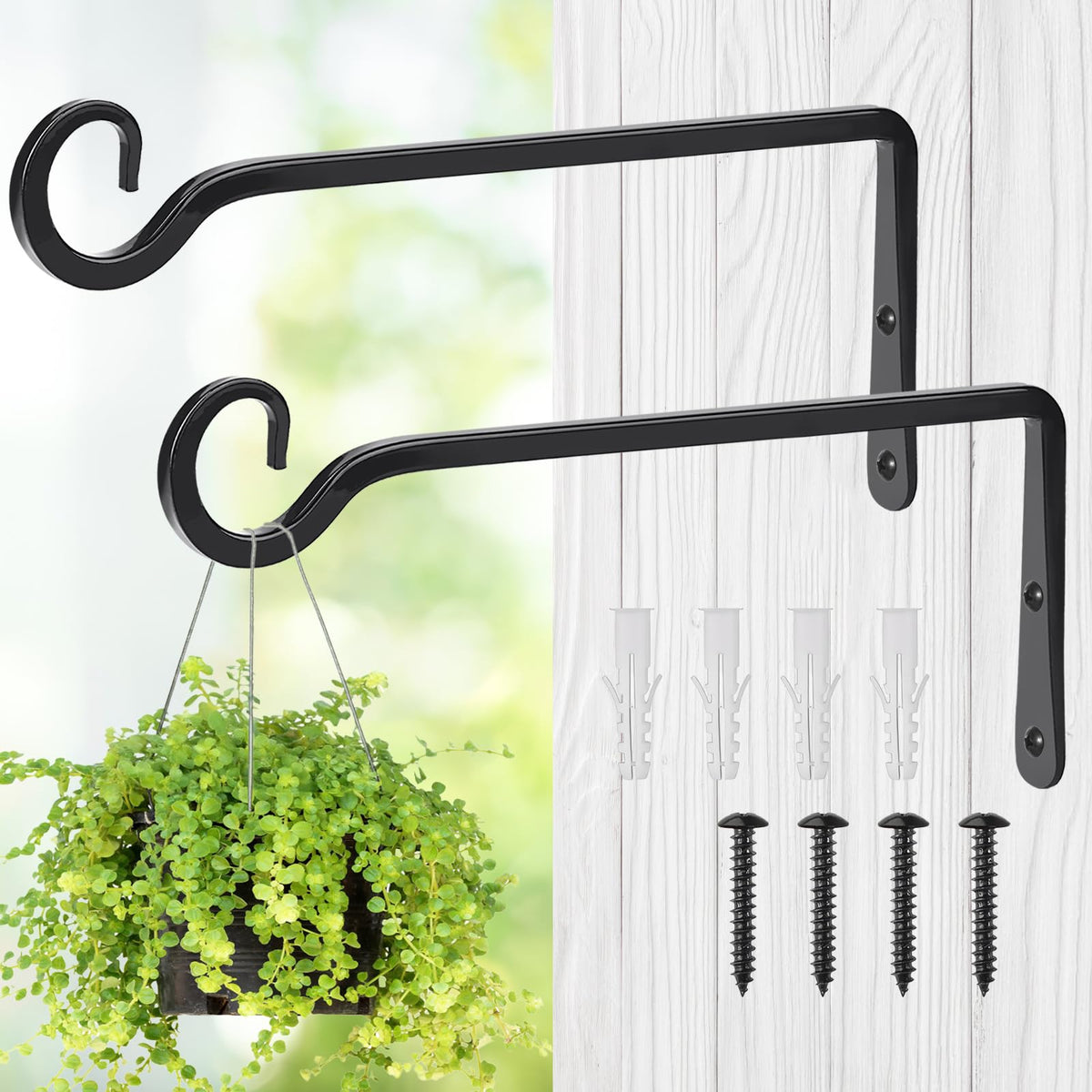 MOWPOG metal hanging plant hooks in black for durable indoor and outdoor use.