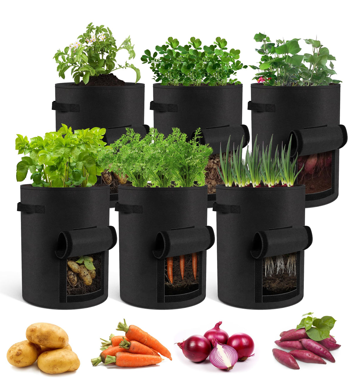Moyios 6-pack 15 gal grow bags top view showing breathable fabric for healthy roots.