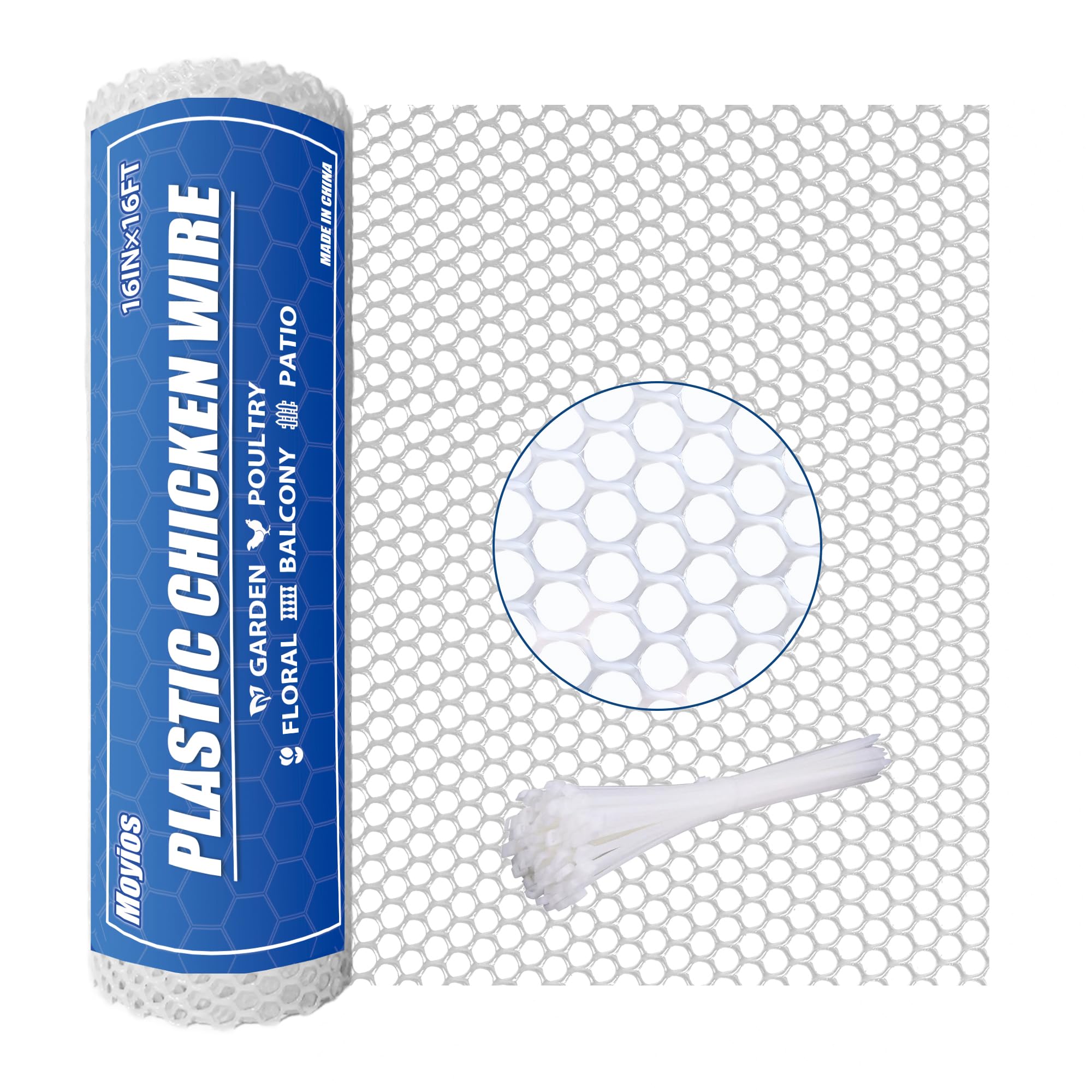 Moyios heavy-duty wire mesh roll showing 16-inch white grid for outdoor use