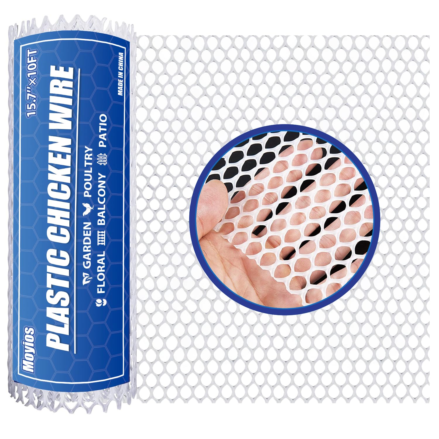 Moyios white plastic chicken wire mesh roll for garden fencing and poultry protection.