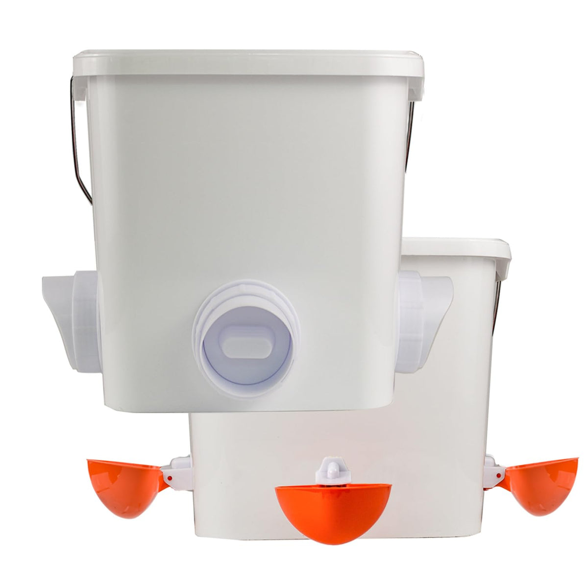 Mozoba automatic chicken feeder and waterer set mounted in coop for clean, efficient feeding.