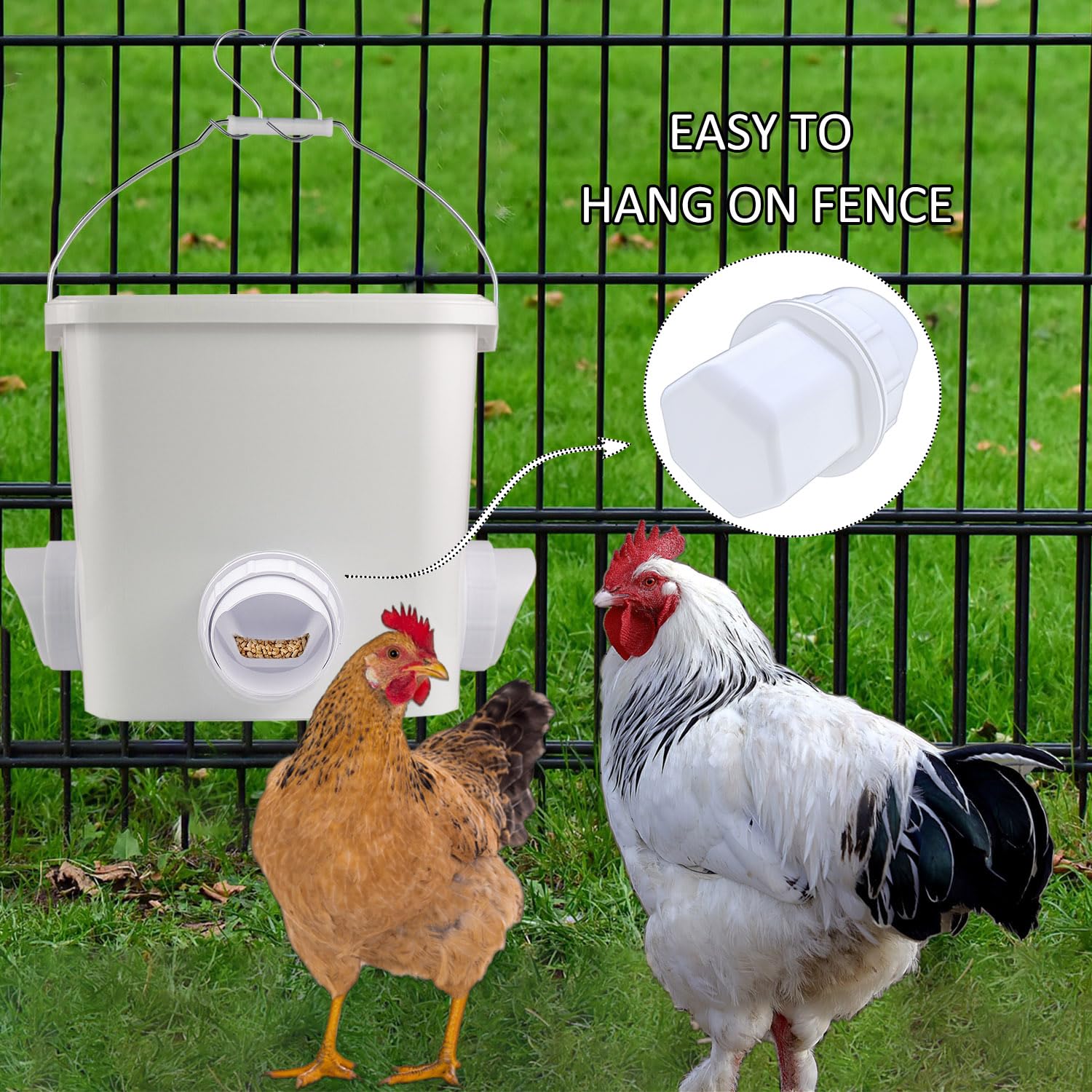Mozoba hanging clips and hooks securing feeder to coop for tidy setup.