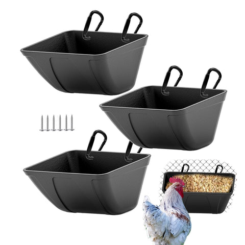 Mozoba hanging feeder trough on fence for clean poultry feeding
