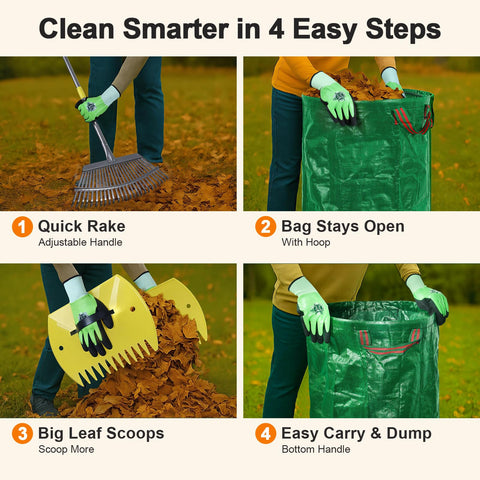 MOZZPAD self-standing yard bag with hoop opens wide for hands-free loading.
