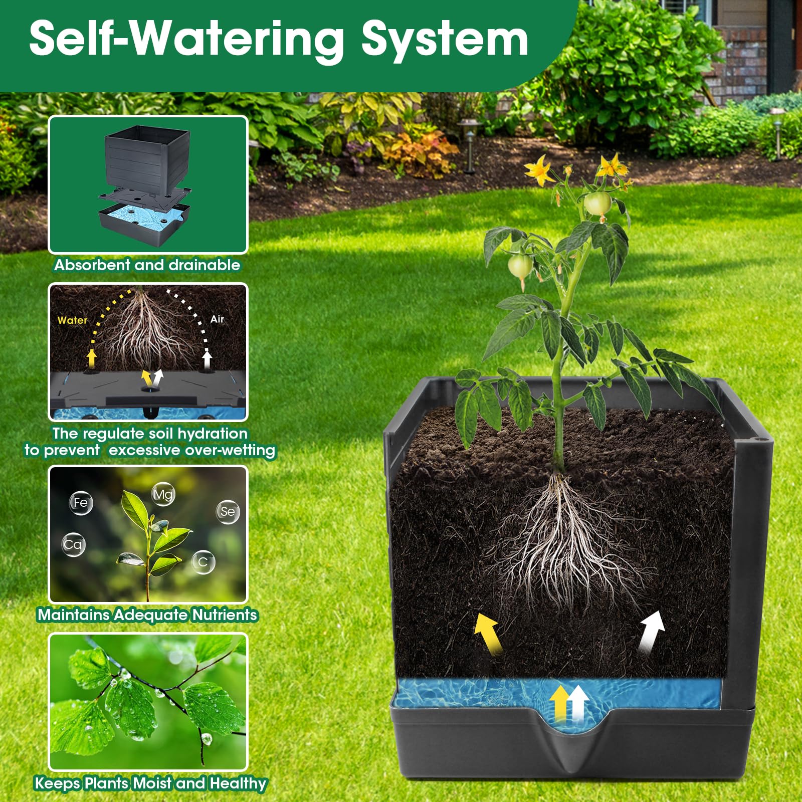 MQFORU self-watering planter box with reservoir maintains soil moisture