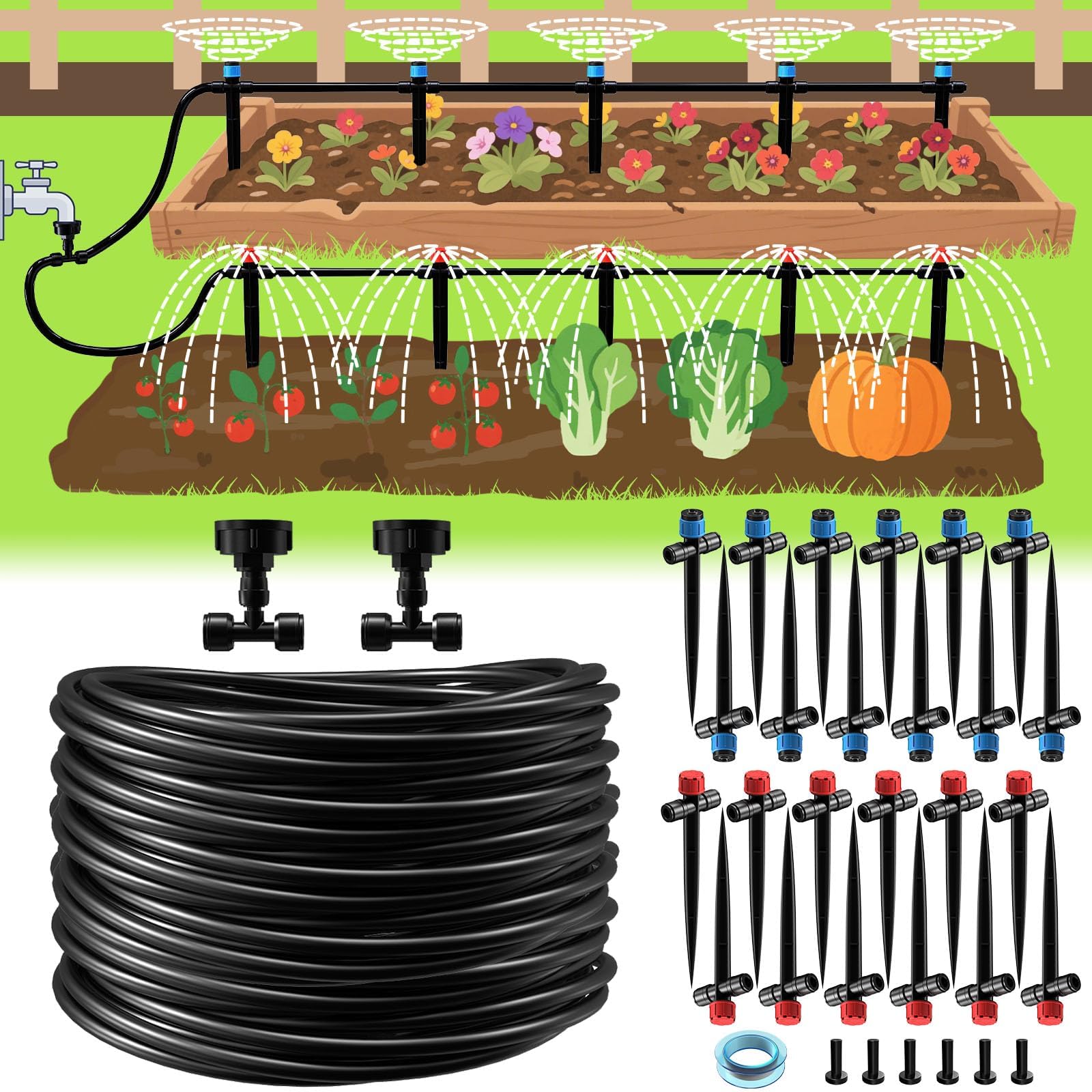 MQHUAYU 118ft drip irrigation kit being assembled for quick setup