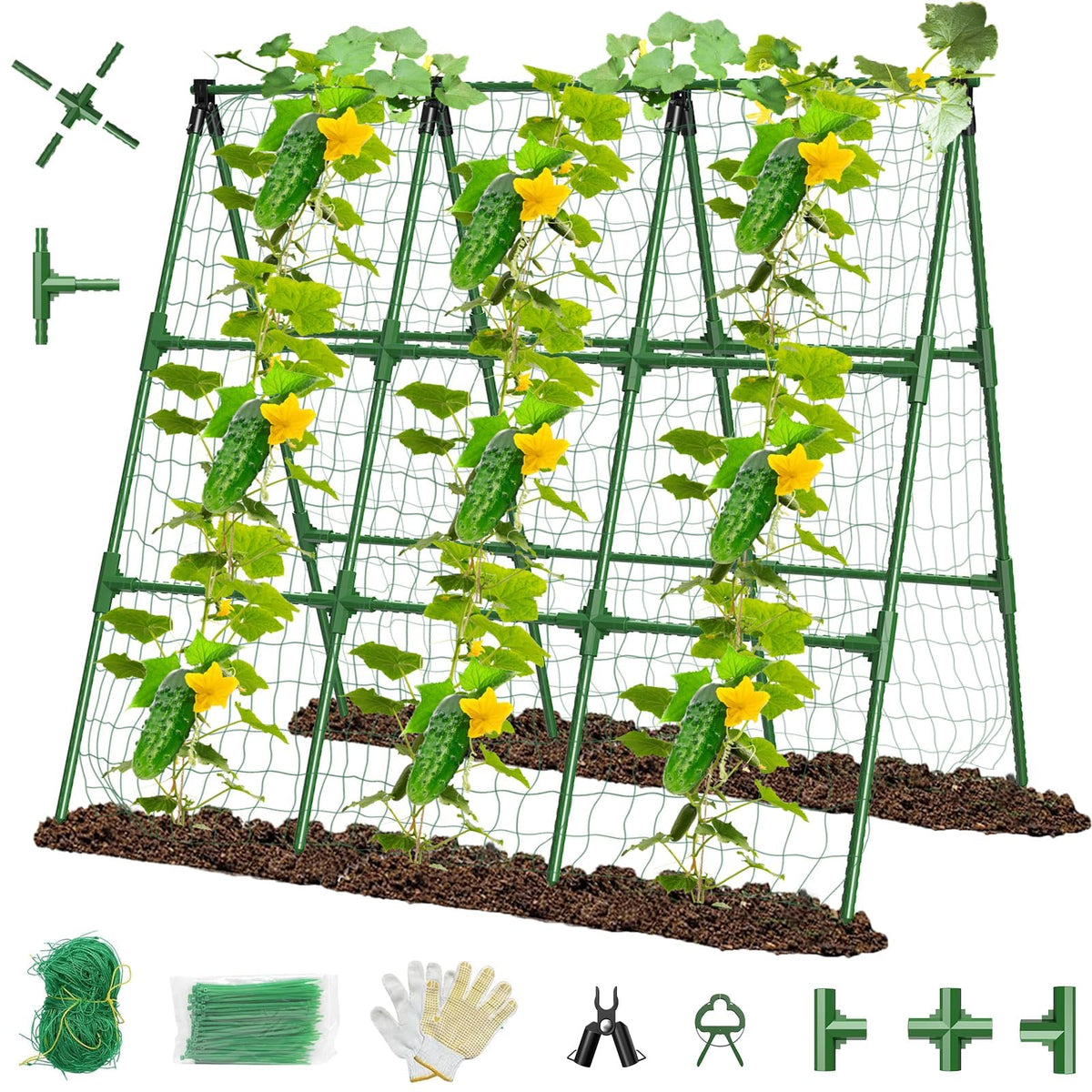 MQHUAYU 51x53 trellis frame provides sturdy A-frame support for cucumber vines.