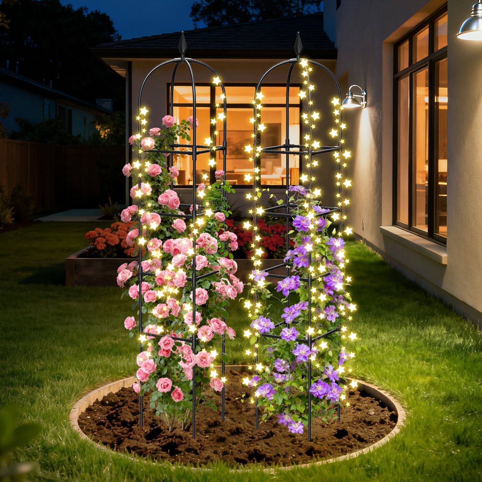 Sleek black finish blends with garden aesthetics.