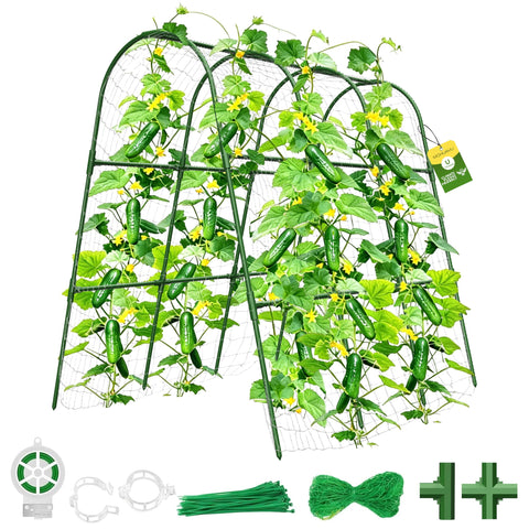 MQHUAYU cucumber trellis with green U-shape arch supports climbing plants outdoors.