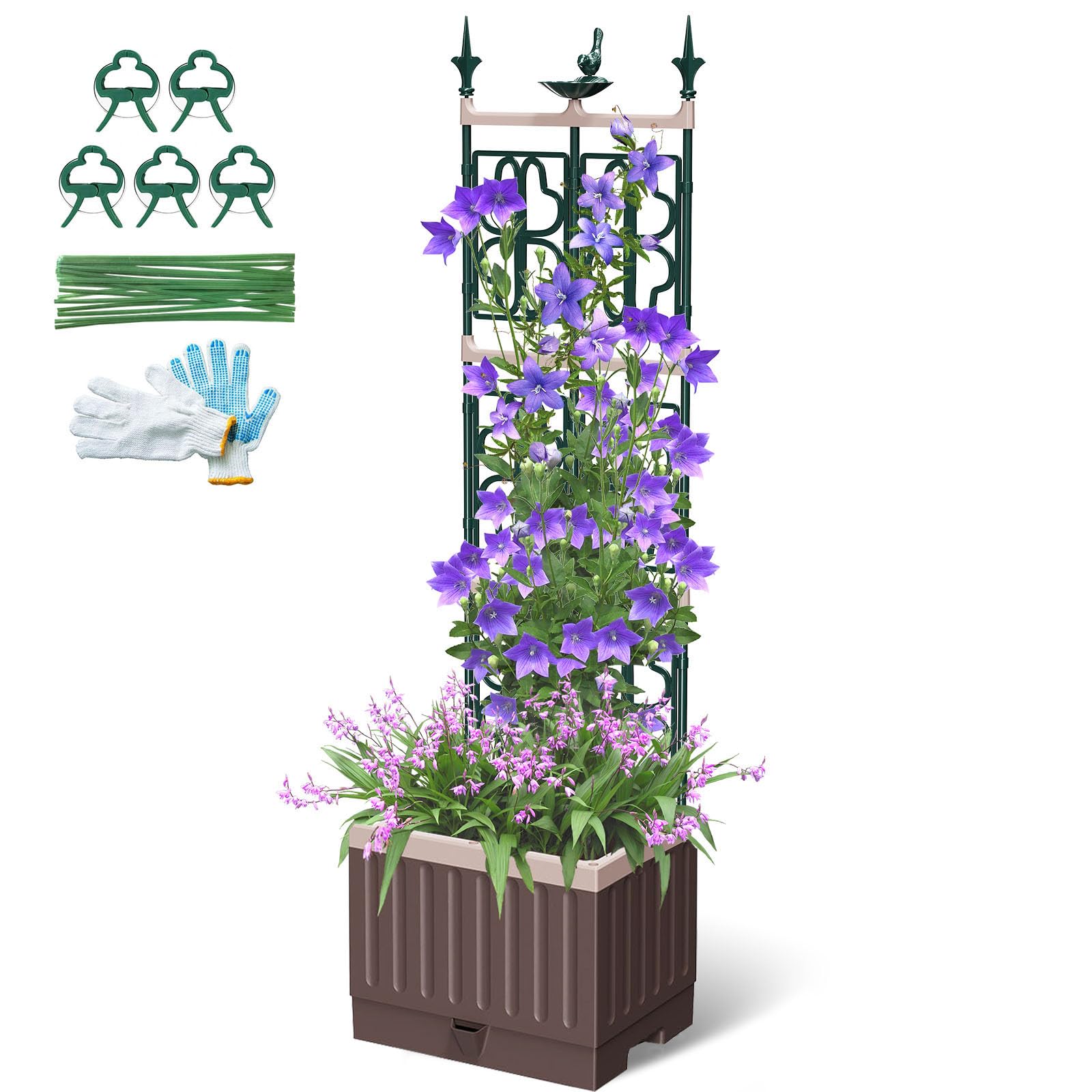 MQHUAYU raised garden bed with trellis supports climbing tomatoes and cucumbers.