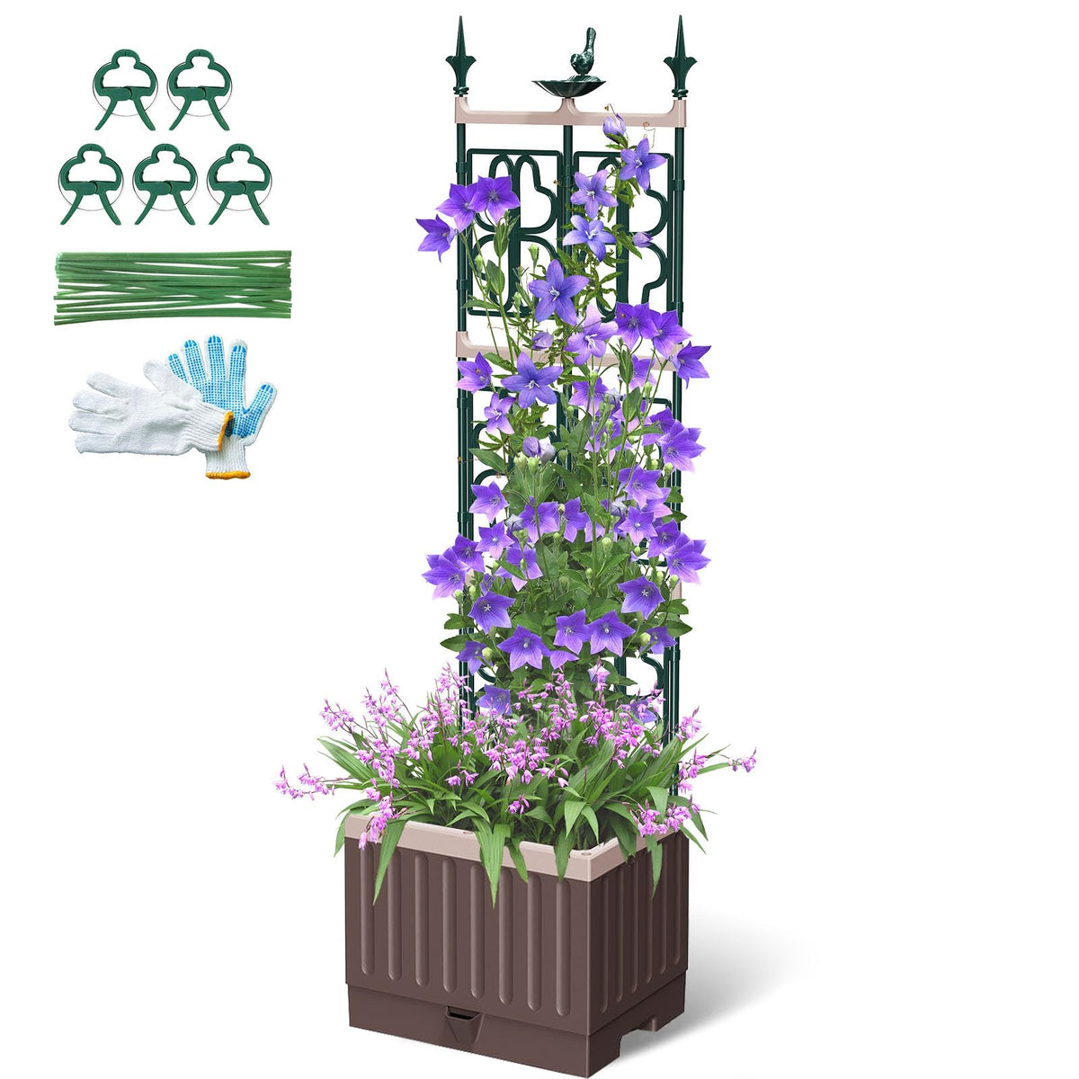 MQHUAYU raised garden bed with trellis supports climbing tomatoes and cucumbers.