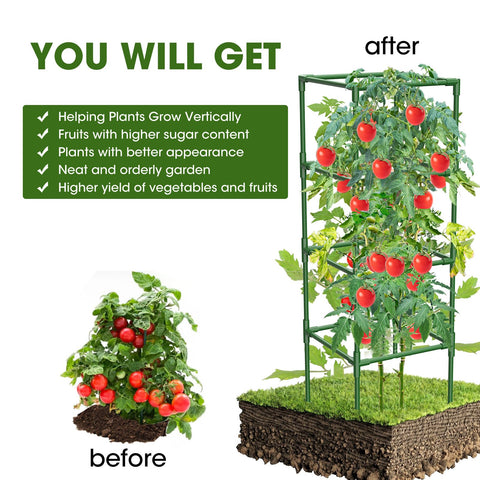 MQHUAYU three-pack tomato cage set bundles versatile stakes for multiple plants.