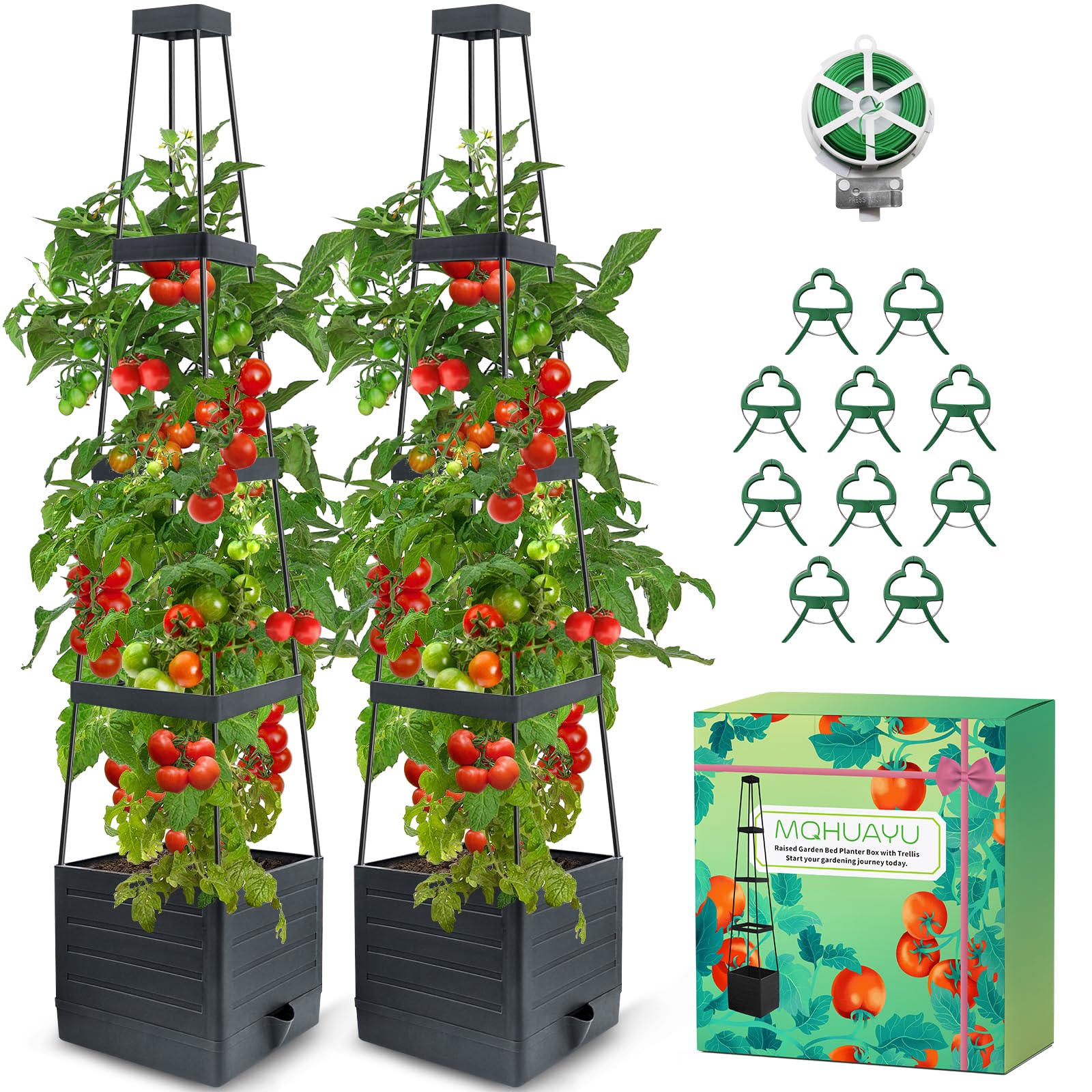 MQHUAYU tomato planter with trellis showing 57-inch climbing support for indoors and outdoors