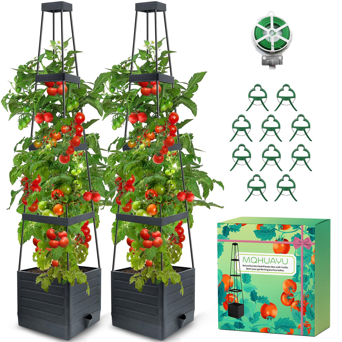 MQHUAYU tomato planter with trellis showing 57-inch climbing support for indoors and outdoors