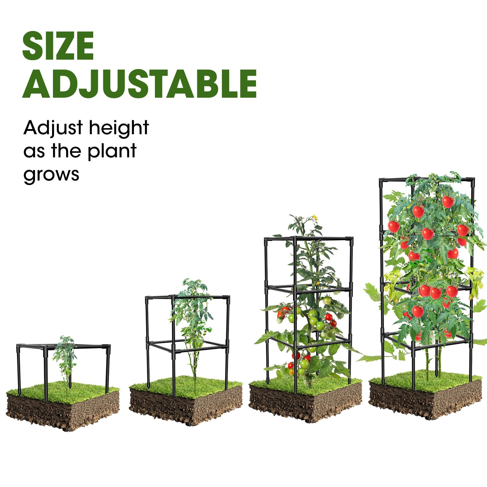MQHUAYU tomato cages adjustable height demonstrate flexible support for growing plants.
