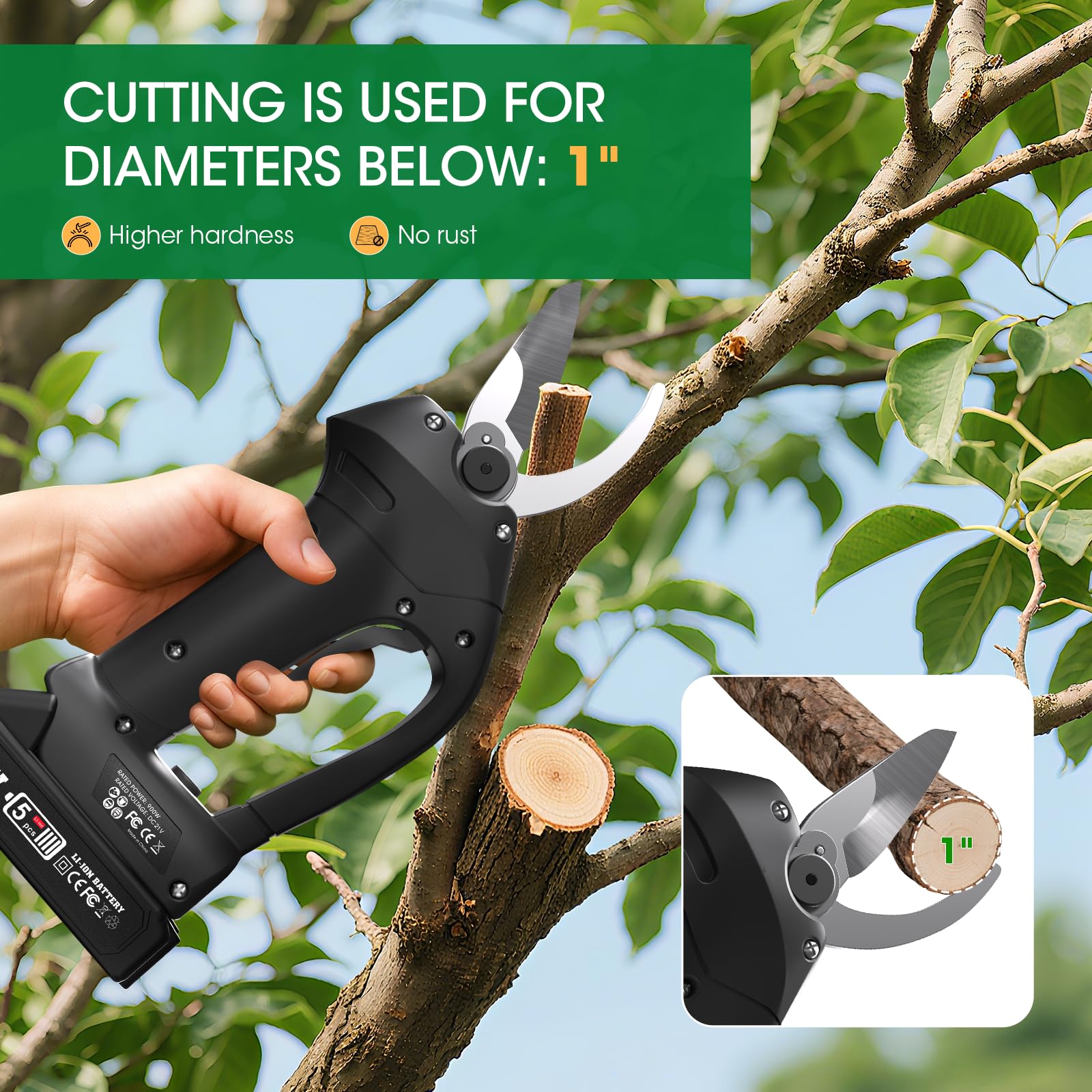 MQJIAZHI electric pruning shears with two batteries extend work time.