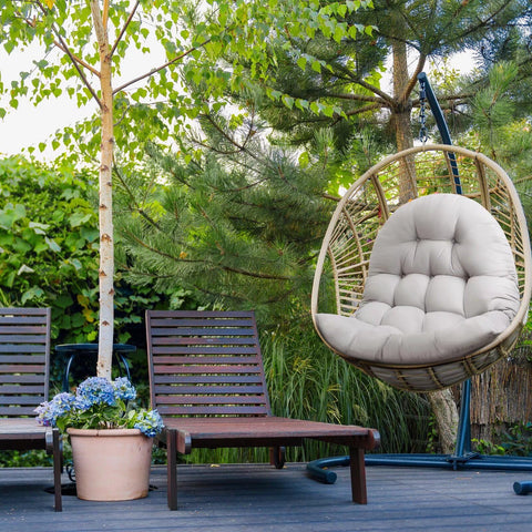 MQK button-tufted egg chair cushion enhances style and cozy seating.