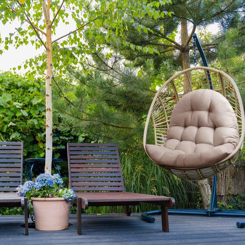 MQK egg chair cushion strap detail ensures secure fit on outdoor chairs
