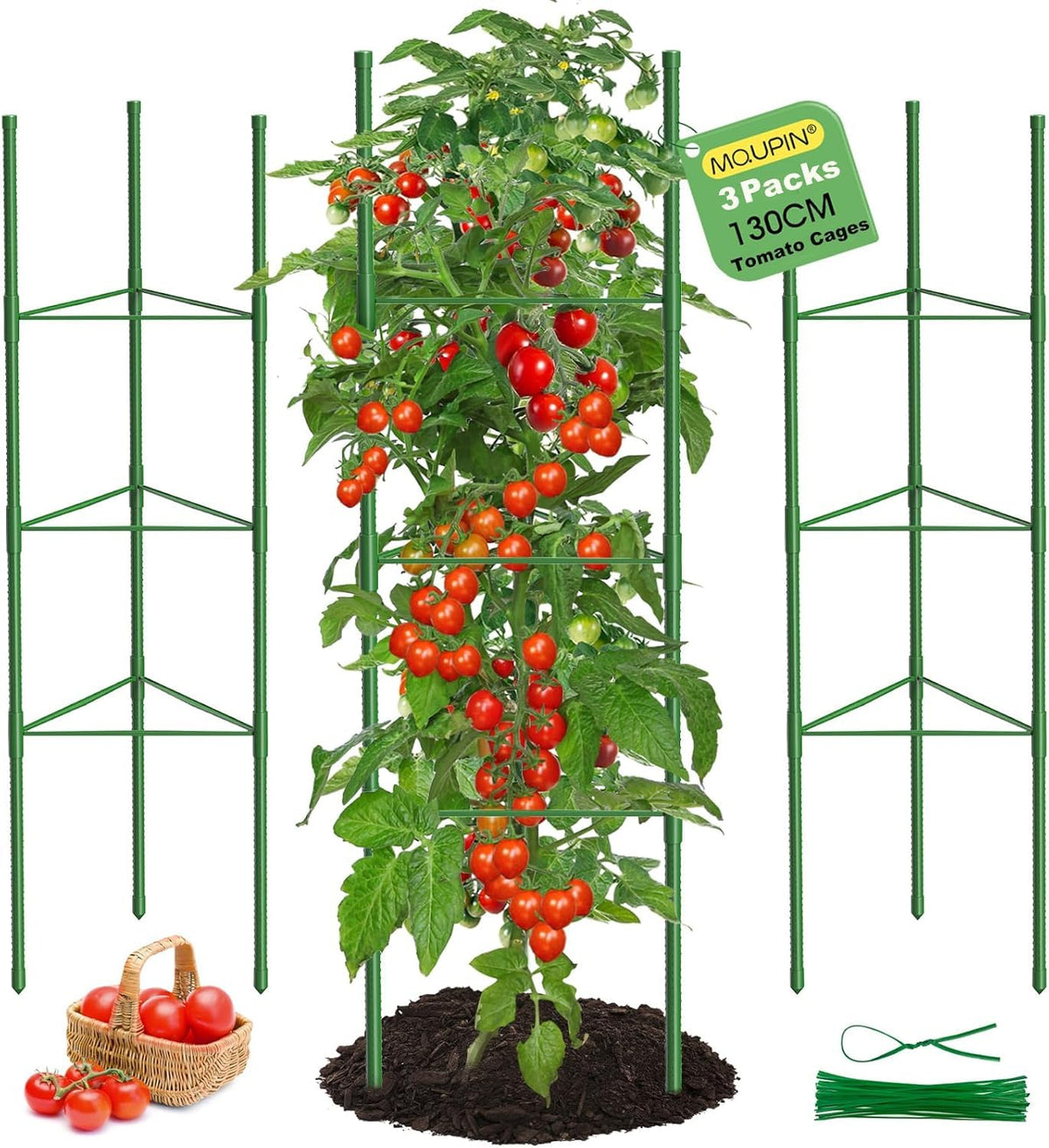 MQUPIN 3-pack tomato cage 51.2-inch height provides sturdy support for tall plants.