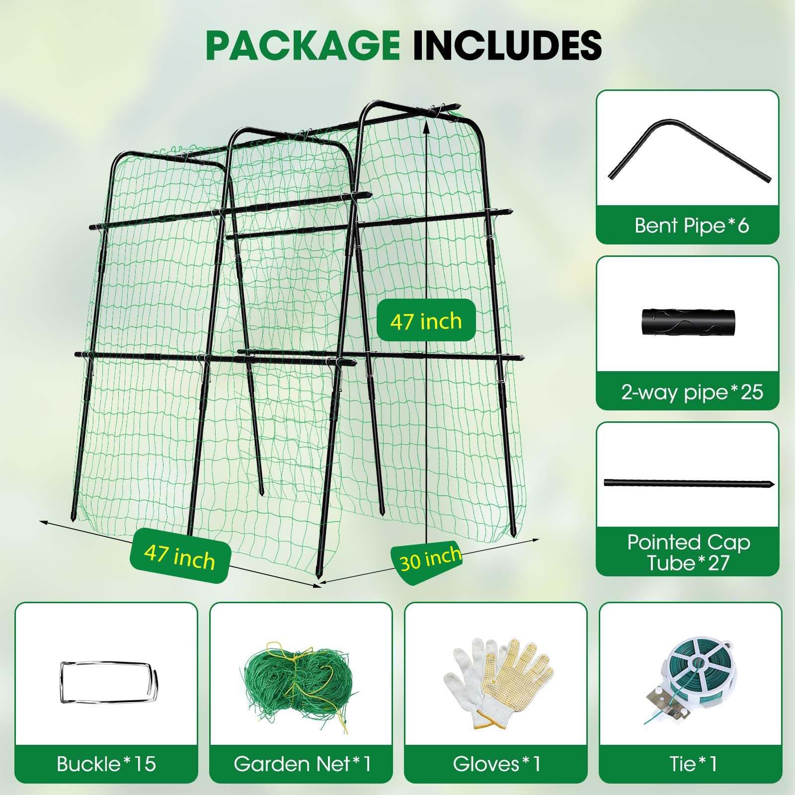 MQUPIN garden trellis highlighting rustproof construction for outdoor use.