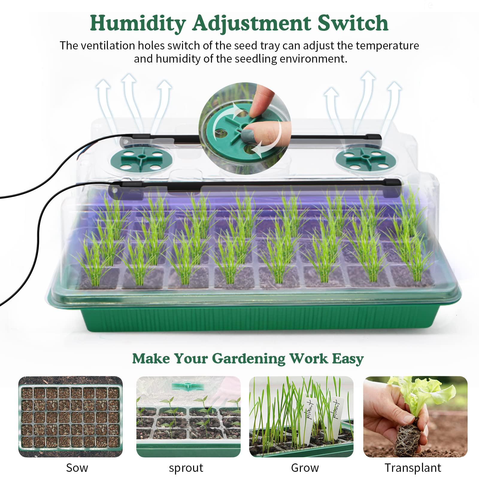MQUPIN smart-timer grow lights adapt to growth stages for seedlings.