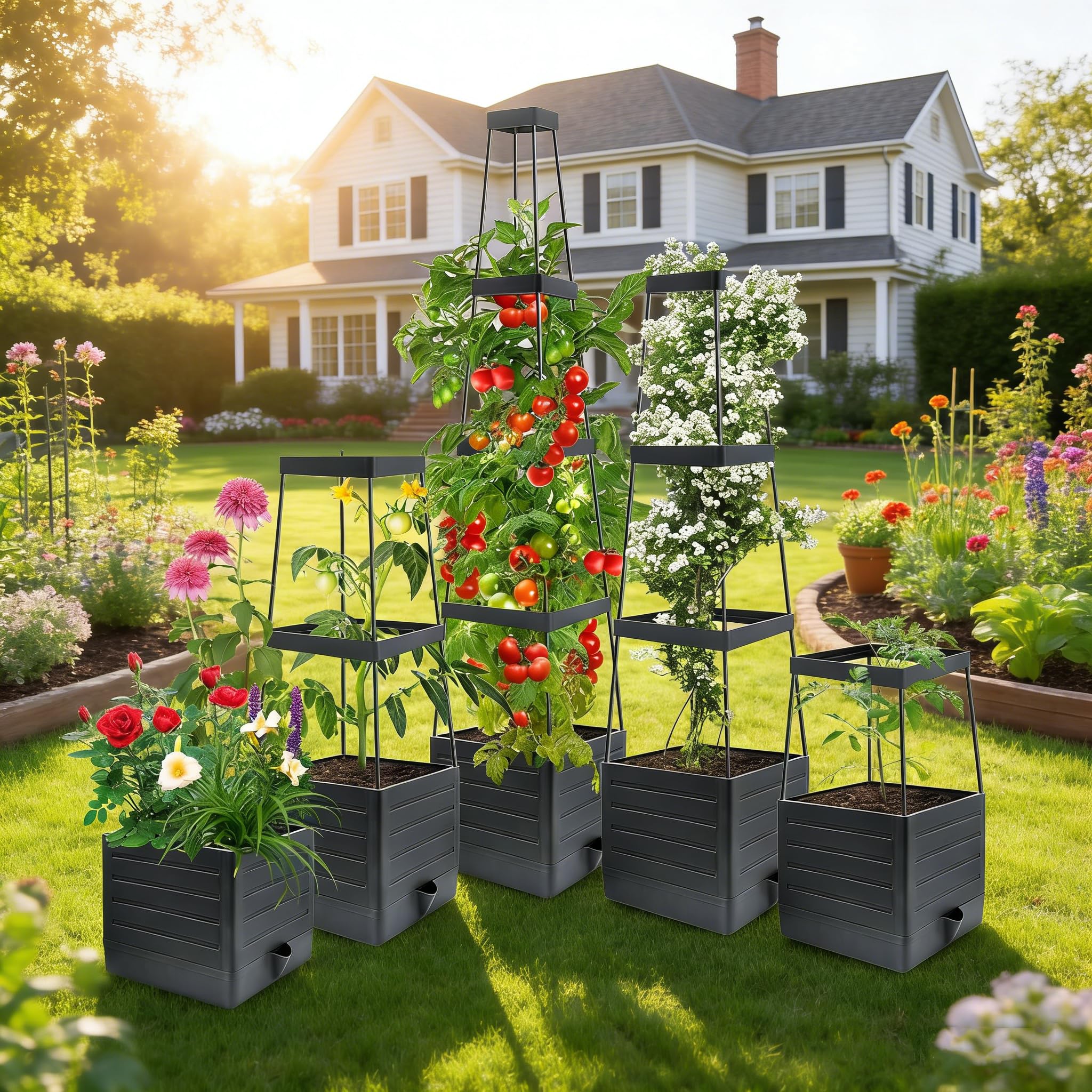 MQUPIN tomato planter box adjustable height from 1 to 4 tiers as plants climb.