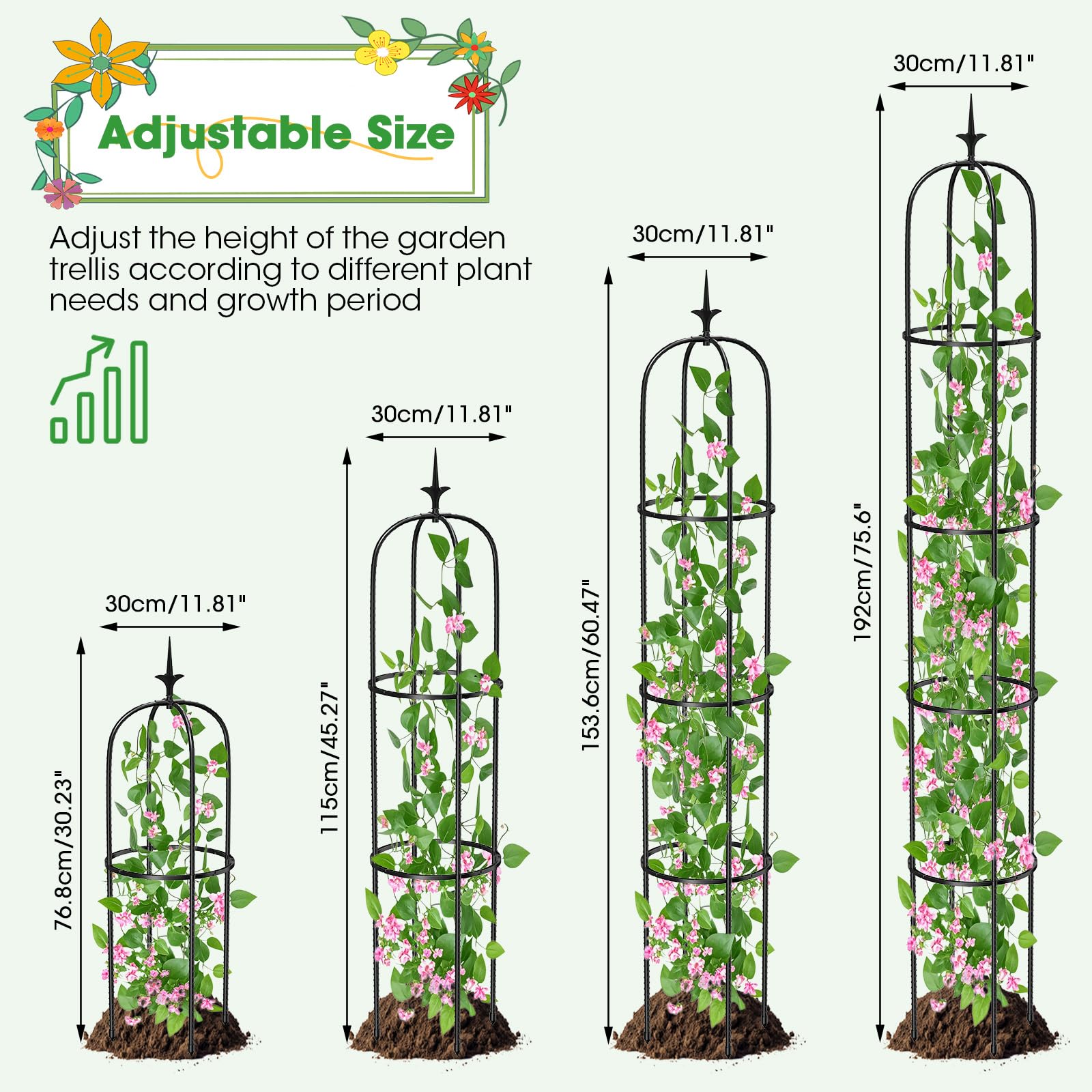 MQUPIN Obelisk four-stake base ensures stable support in garden beds