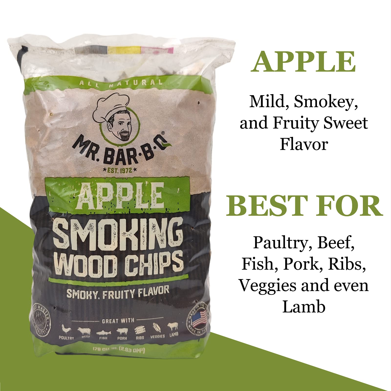 Mr. Bar-B-Q apple wood chips long burning for extended smoke sessions.
