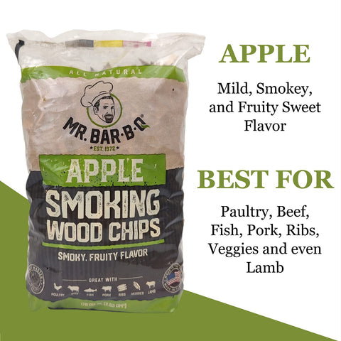 Mr. Bar-B-Q apple wood chips long burning for extended smoke sessions.