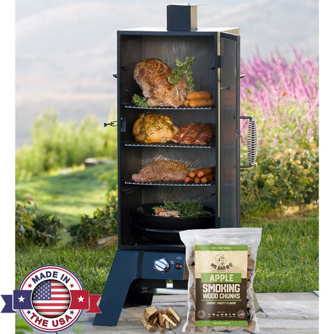 Mr. Bar-B-Q apple wood chunks near a campfire for long-lasting aroma