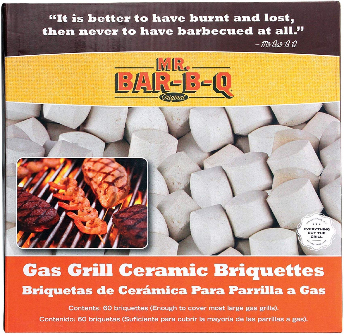 Mr. Bar-B-Q ceramic briquettes replacing lava rocks for even heat across grill surface