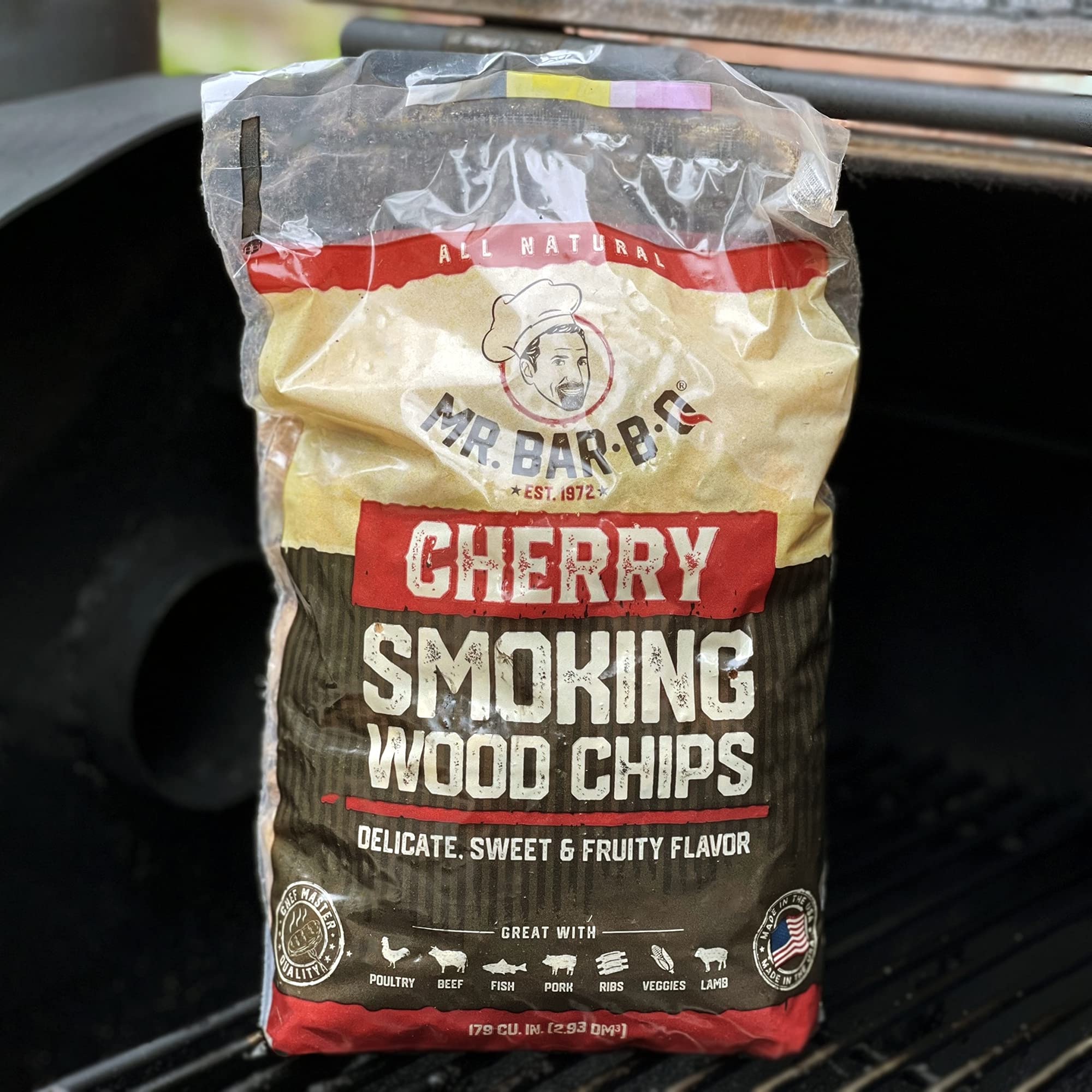 Mr Bar-B-Q cherry wood chips on meat and vegetables for bold flavor