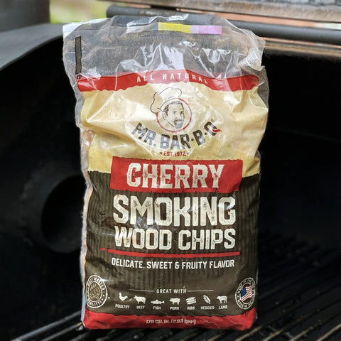 Mr Bar-B-Q cherry wood chips on meat and vegetables for bold flavor