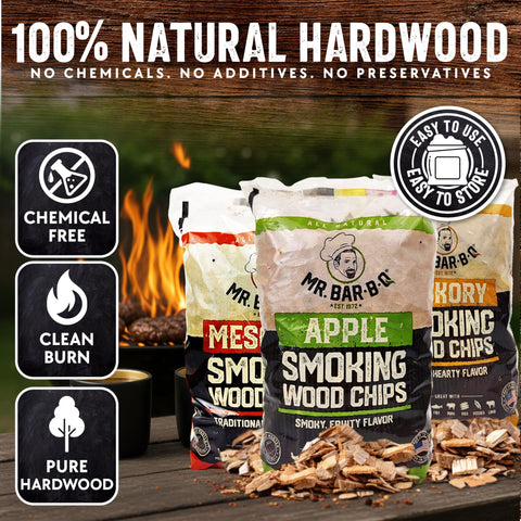 Mr. Bar-B-Q Hickory wood chips bag for classic ribs and brisket smoke.