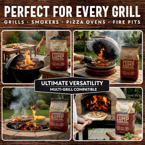 Mr. Bar-B-Q hotter, longer-burning lump charcoal for searing and slow cooking.