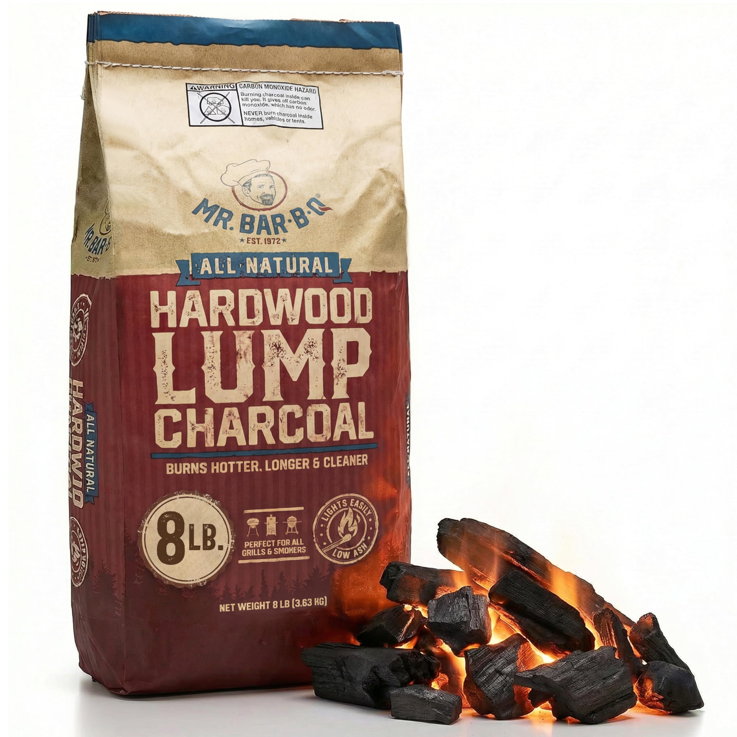 Mr. Bar-B-Q lump charcoal bag showing premium hardwood and clean burning.