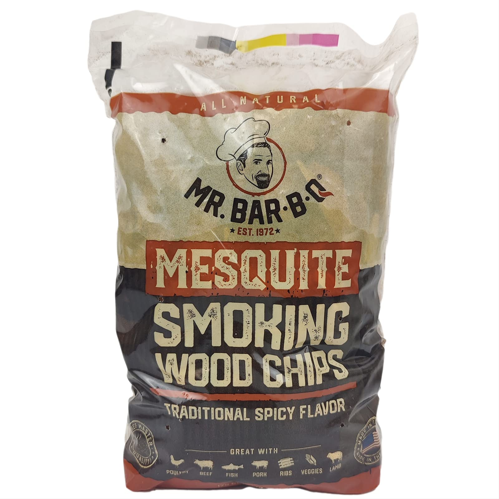 Mr. Bar-B-Q Mesquite smoking chips in a bag for rich backyard flavor.