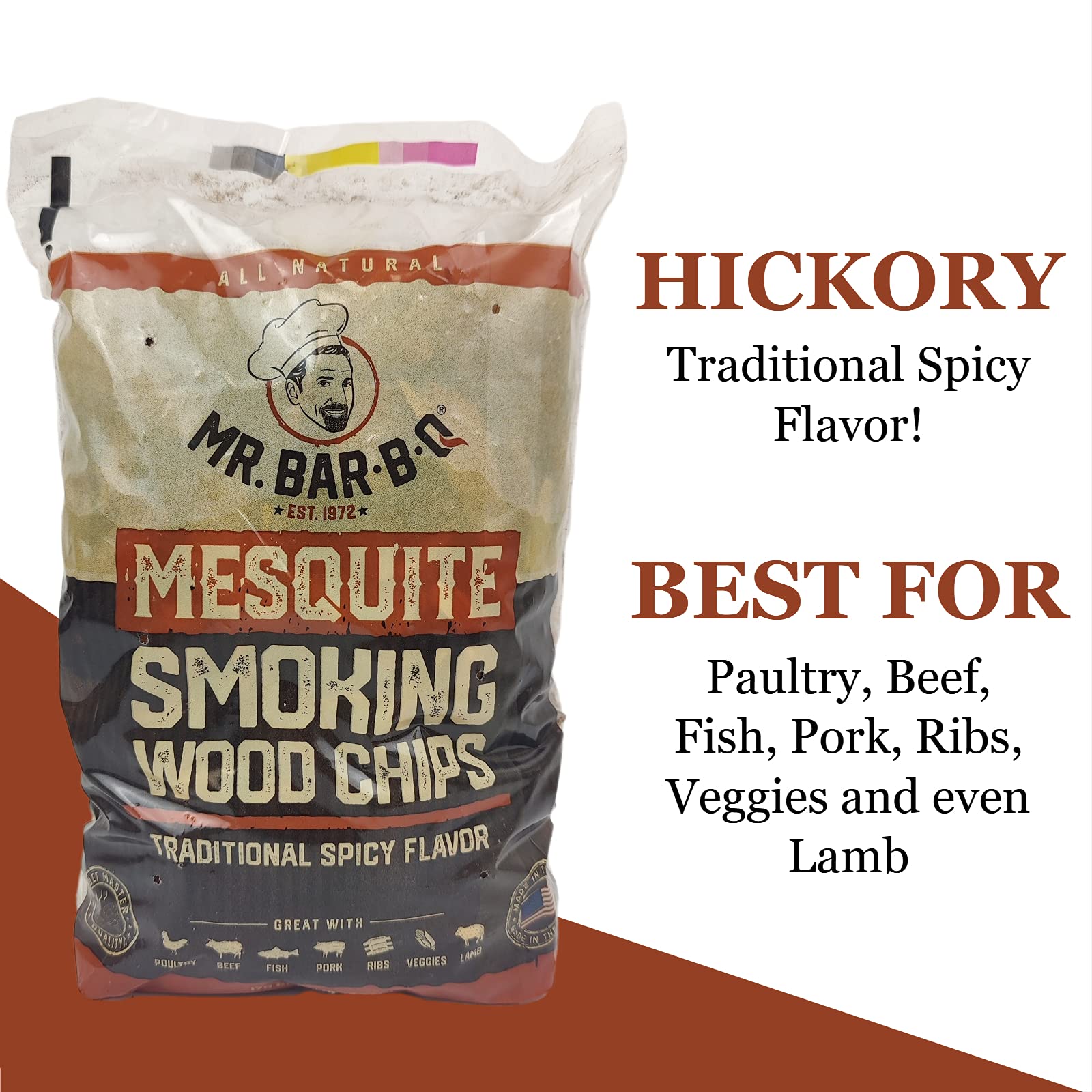 Mr. Bar-B-Q Mesquite chips in smoker for long-lasting aroma.