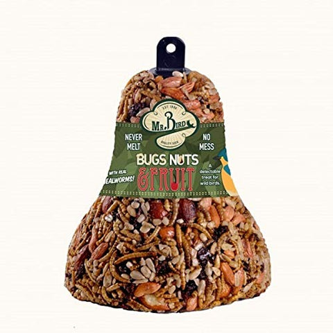 Mr. Bird seed bell close-up shows mealworms, pecans, and fruits, appealing to curious birds