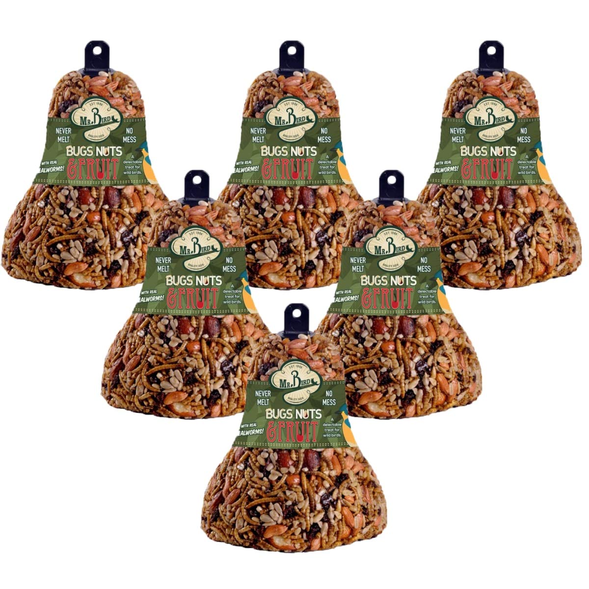 Mr. Bird 6-Pack seed bell packaging with a diverse mix, attracts backyard birds to your yard