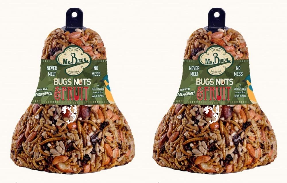Mr. Bird Bugs, Nuts & Fruit Seed Bell 2-pack hanging attracts a variety of wild birds.