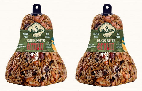 Mr. Bird seed bell closeup shows mealworms and pecans for a healthy bird treat.