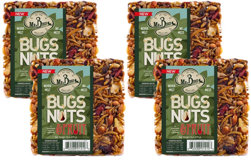 Mr. Bird Bugs Nuts Fruit Block 4-pack image attracts diverse wild birds.