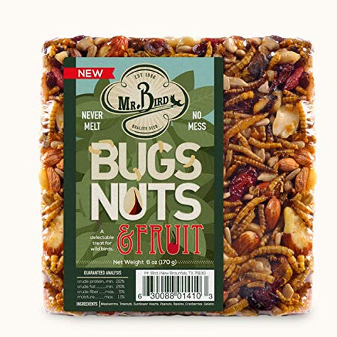 Mr. Bird Bugs Nuts Fruit Block 4-pack image demonstrates easy hanging feeding.