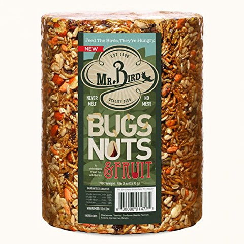 Mr. Bird Bugs & Fruit cylinder 6-inch block attracting diverse backyard birds.