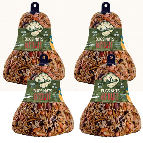 Mr. Bird Bugs Nuts Fruit Seed Bell 4-pack hanging to attract a variety of birds.