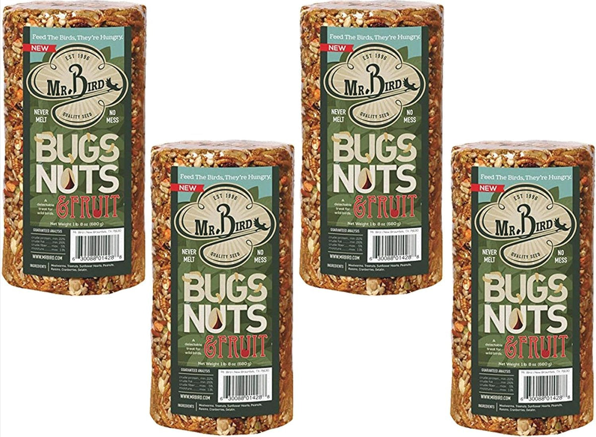 Mr. Bird Bugs Nuts & Fruit seed cylinder draws a quick, diverse flock to the feeder.